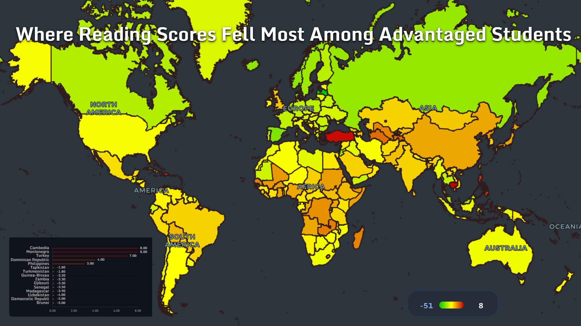 World map showing where reading scores fell most among socioeconomically advantaged students
